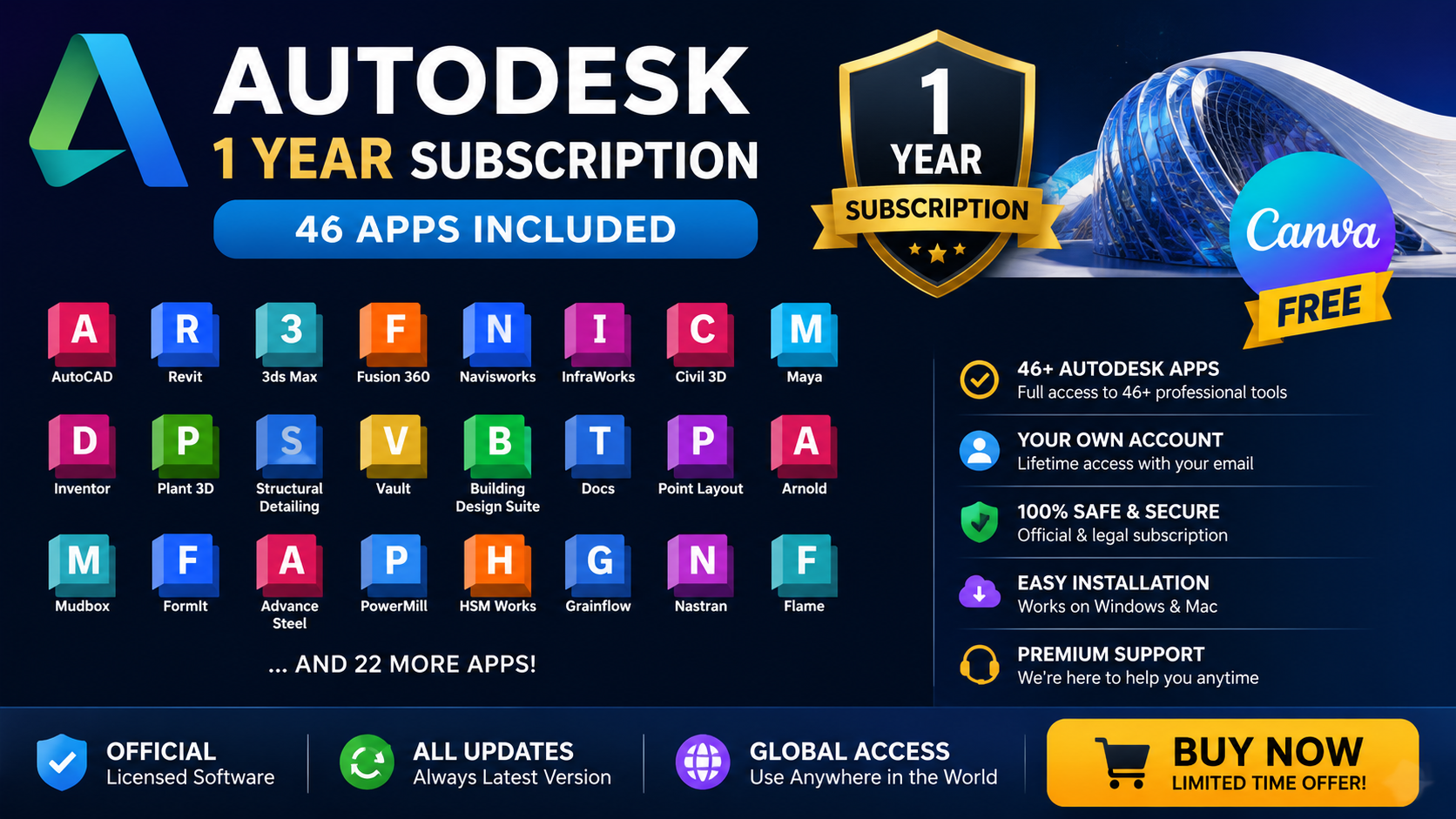 Autodesk 1 Year Subscription | 46 Apps + Canva Free