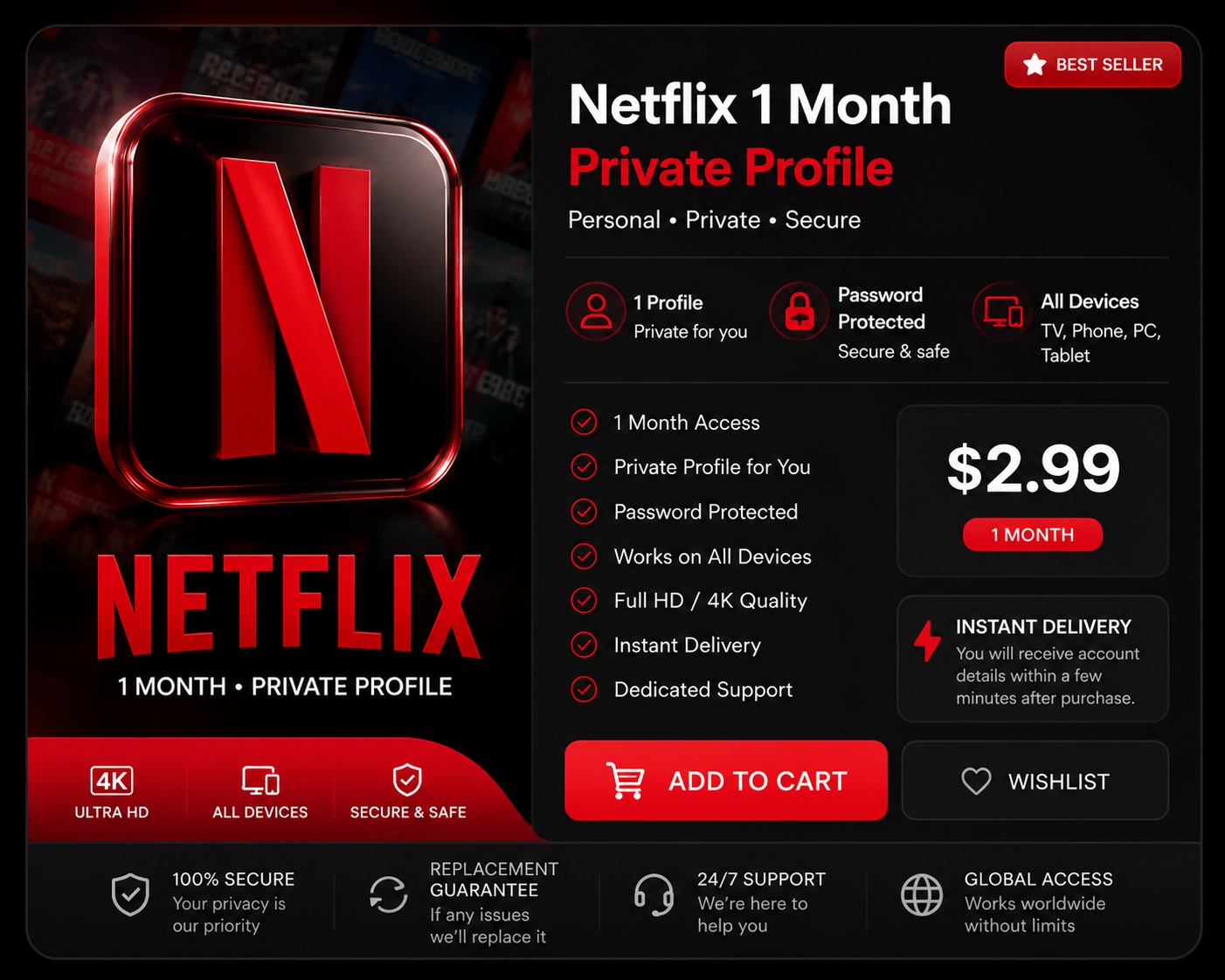 Netflix Premium 4K Private Profile – 1 Month